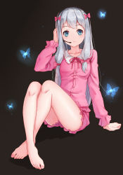 Rule 34 | 10s, barefoot, black background, blouse, blue eyes, bow, bug, butterfly, eromanga sensei, feet, full body, grey hair, hair bow, hand on own ear, headset, highres, insect, izumi sagiri, legs together, long hair, looking at viewer, low-tied long hair, nail polish, pajamas, pink bow, pink shirt, shirt, simple background, sitting, toenail polish, toenails, toes, zyl