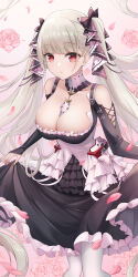 Rule 34 | 1girl, absurdres, azur lane, bare shoulders, between breasts, black dress, breasts, cleavage, clothing cutout, dress, ero lolita, flower, formidable (azur lane), frilled dress, frills, goth fashion, gothic lolita, grey hair, highres, large breasts, lolita fashion, long hair, long sleeves, necktie, necktie between breasts, pantyhose, pink background, pink flower, pink rose, pk trap, red eyes, ribbon, rose, shoulder cutout, skirt hold, solo, twintails, two-tone dress, two-tone ribbon, very long hair, white dress, white pantyhose