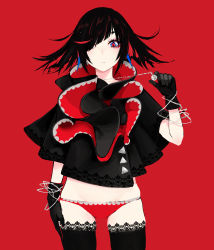 Rule 34 | 1girl, bad id, bad pixiv id, black gloves, black hair, gloves, groin, hair over one eye, highres, lace, lace-trimmed legwear, lace trim, lam (ramdayo), looking at viewer, original, panties, red background, red panties, short hair, skindentation, solo, symbol-shaped pupils, thighhighs, thighs, underwear
