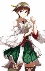 Rule 34 | 10s, 1girl, ashiwara yuu, bare shoulders, brown hair, detached sleeves, hairband, headgear, hiei (kancolle), japanese clothes, kantai collection, no legwear, nontraditional miko, personification, plaid, purple eyes, short hair, skirt, smile, solo, thighhighs