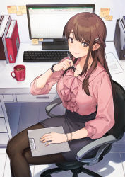 Rule 34 | 1girl, binder, bracelet, brown hair, chair, clipboard, closed mouth, coffee mug, computer, crossed legs, cup, desk, from above, hair ornament, hairclip, highres, holding, holding pen, jewelry, keyboard (computer), long hair, looking back, microsoft excel, miniskirt, mole, mole under eye, monitor, mug, nagu, office, office chair, office lady, original, pantyhose, paper, pen, pencil skirt, pink shirt, shirt, sidelocks, sitting, skirt, smile, solo, sticky note, swivel chair, tile floor, tiles, watch
