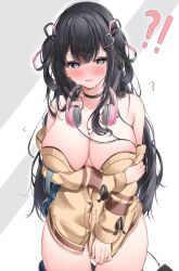 Rule 34 | 1girl, @ @, absurdres, black choker, black hair, blue eyes, blush, breasts, choker, cleavage, covering privates, covering crotch, hair ornament, hairclip, headphones, headphones around neck, highres, large breasts, long hair, looking at viewer, nekoya minamo, no bra, no panties, off shoulder, original, simple background, solo, sweater, sweater vest, undressing, white background, yellow sweater