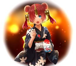 Rule 34 | 1girl, :o, bad id, bad pixiv id, blue eyes, blush, commentary request, fate/grand order, fate (series), food, frankenstein&#039;s monster (fate), hair over one eye, headgear, horns, japanese clothes, kimono, looking at viewer, pink hair, shaved ice, short hair, single horn, solo, spoon, suyamunya