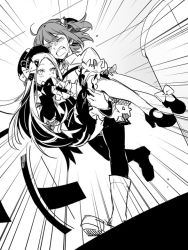 Rule 34 | 2girls, abigail williams (fate), ahoge, blush, boots, bow, carrying, commentary, crying, dress, fate/grand order, fate (series), fujimaru ritsuka (female), greyscale, hair bow, hair ornament, hair scrunchie, hat, in kai, long hair, monochrome, multiple girls, open mouth, pantyhose, parted bangs, princess carry, running, scrunchie, shoes, sleeves past fingers, sleeves past wrists, sweat, tears