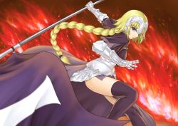 Rule 34 | 1girl, 210ten, armor, armored dress, blonde hair, braid, dress, fate/apocrypha, fate/stay night, fate (series), gauntlets, headpiece, jeanne d&#039;arc (fate), jeanne d&#039;arc (ruler) (fate), long hair, polearm, purple eyes, side slit, solo, thighhighs, very long hair, weapon