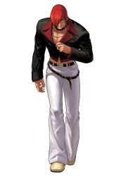 Rule 34 | 1boy, belt, choker, hair over one eye, highres, jewelry, male focus, midriff, navel, official art, ogura eisuke, pectoral cleavage, pectorals, red hair, ring, snk, solo, the king of fighters, the king of fighters xii, yagami iori