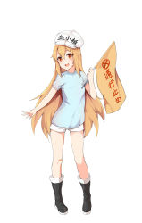 Rule 34 | 10s, 1girl, black footwear, blue shirt, boots, character name, clothes writing, flag, flat cap, full body, hat, hataraku saibou, highres, holding, holding flag, light brown hair, long hair, meng ge 3 (565571710), open mouth, platelet (hataraku saibou), red eyes, round teeth, shirt, short shorts, short sleeves, shorts, simple background, solo, standing, teeth, upper teeth only, very long hair, white background, white hat, white shorts