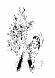 Rule 34 | 1girl, bush, coat, commentary request, full body, gardening, grass, greyscale, hat, holding, leaf, long hair, long sleeves, monochrome, muji (uimss), original, outdoors, pants, pout, scarf, shears, solo, standing, sweat