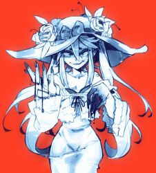 Rule 34 | 1girl, absurdres, bare shoulders, cowboy shot, dress, flower, hair between eyes, hands up, hat, hat flower, hat ribbon, hatsune miku, highres, knuxy, leaf, looking at viewer, parted lips, red background, ribbon, simple background, smile, solo, twintails, vampire, vocaloid, white dress