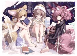 Rule 34 | 3girls, animal ear fluff, animal ears, arknights, bare shoulders, black jacket, blonde hair, blue dress, blue hairband, book, braid, braided hair rings, commentary, dress, eyepatch, fox ears, fox tail, frilled dress, frills, hair ornament, hairband, hands on own knees, hat, highres, holding, holding book, jacket, knees up, knife, legs together, looking at viewer, medical eyepatch, multiple girls, multiple tails, pillow, pink eyes, pink hair, popukar (arknights), red eyes, shamare (arknights), shirt, short hair, shorts, sitting, sketch, songchuan li, suzuran (arknights), tail, voodoo doll, wariza, yellow eyes, yellow shirt, yellow shorts