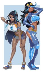 Rule 34 | 2girls, absurdres, black hair, blue bodysuit, blue eyes, blue eyeshadow, blue hair, blush, bodysuit, breasts, creatures (company), dark-skinned female, dark skin, eyeshadow, game freak, hair over one eye, highres, holding, holding poke ball, large breasts, long hair, looking at viewer, makeup, multicolored hair, multiple girls, navel, nessa (pokemon), nintendo, open mouth, poke ball, pokemon, pokemon oras, pokemon swsh, shelly (pokemon), skin tight, smile, volyz