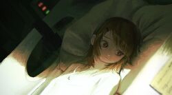 Rule 34 | 1girl, a.i. voice, adachi rei, alternate costume, bed, black eyes, closed mouth, commentary, crack of light, dutch angle, expressionless, from side, hair ornament, hairclip, head on pillow, highres, hijou botan, hospital bed, indoors, looking to the side, lying, machine, medium hair, on back, on bed, orange hair, orange pupils, pillow, shadow, shirt, solo, swept bangs, upper body, utau, white shirt