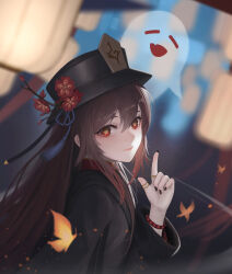 Rule 34 | 1girl, absurdres, black coat, black hat, black nails, brown hair, bug, butterfly, closed mouth, coat, flower, from side, genshin impact, hair between eyes, hat, hat flower, highres, hu tao (genshin impact), index finger raised, insect, jewelry, long hair, long sleeves, looking at viewer, nail polish, red eyes, red flower, ring, smile, solo, symbol-shaped pupils, upper body, zfivez