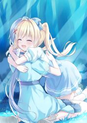 Rule 34 | 2girls, :d, ^ ^, arms around neck, blonde hair, blue bow, blue dress, blue skirt, blush, bow, casual, closed eyes, dress, feet out of frame, floating hair, from side, grass, hair between eyes, hair bow, hair intakes, hair ornament, happy, high-waist skirt, highres, hug, humuyun, kneeling, leaning forward, light rays, long hair, low twintails, mizuori shizuku, multiple girls, official alternate costume, official art, on grass, open mouth, outdoors, puffy short sleeves, puffy sleeves, purple hair, shirt, short sleeves, sitting, skirt, smile, summer pockets, sunbeam, sunlight, tears, tsumugi wenders, twintails, very long hair, wariza, white shirt, x hair ornament