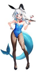 Rule 34 | 1girl, absurdres, animal ears, black footwear, black pantyhose, blue eyes, blue hair, blue leotard, bow, bowtie, contrapposto, covered navel, cup, detached collar, drinking glass, fake animal ears, fins, fish tail, flat chest, full body, gawr gura, hair ornament, hand on own hip, high heels, highres, holding, holding tray, hololive, hololive english, leotard, looking at viewer, maru ccy, medium hair, multicolored hair, open mouth, pantyhose, playboy bunny, rabbit ears, red bow, red bowtie, shark hair ornament, shark tail, sharp teeth, smile, solo, standing, strapless, strapless leotard, streaked hair, tail, teeth, torn clothes, torn pantyhose, tray, two side up, undone bowtie, virtual youtuber, white hair, white wrist cuffs, wrist cuffs