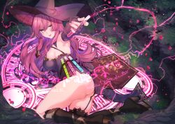 Rule 34 | 1girl, absurdres, ass, black dress, boots, breasts, dress, garter straps, girusyu1945, gluteal fold, hat, highres, large breasts, leaf, long hair, lying, original, purple hair, solo, thighs, witch hat