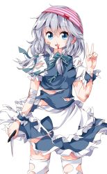 Rule 34 | 1girl, :d, apron, bandages, bandaid, bandaid on face, blood, blue eyes, bow, bow panties, braid, bruise, dress, hair bow, injury, izayoi sakuya, knife, looking at viewer, maid, maid apron, nosebleed, object on head, open mouth, panties, panties on head, ruu (tksymkw), side braid, simple background, smile, solo, standing, striped clothes, striped panties, thighhighs, torn clothes, torn dress, torn thighhighs, touhou, underwear, v, white background, white hair, white thighhighs