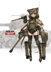 Rule 34 | 1girl, 1st armored division, animal ears, bandaid, bandaid on face, bandaid on nose, black gloves, black shorts, black thighhighs, blue eyes, brown hair, cat ears, fingerless gloves, full body, gloves, goggles, goggles on head, gun, hand on own hip, highres, jacket, long hair, m18 hellcat, m18 hellcat (personification), mecha musume, military, military vehicle, motor vehicle, original, short shorts, shorts, solo, standing, tank, thighhighs, twintails, very long hair, weapon, white background, xerbatt