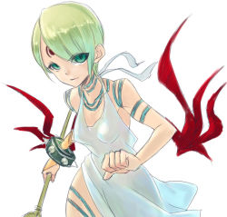 Rule 34 | 1girl, bare shoulders, bracelet, breasts, breath of fire, breath of fire v, bridal gauntlets, dress, facial mark, full-body tattoo, green eyes, green hair, hair over one eye, jewelry, matching hair/eyes, mini wings, nina (breath of fire v), no bra, nyantiu, red wings, see-through, short hair, small breasts, solo, spiked bracelet, spikes, tattoo, torn clothes, wings
