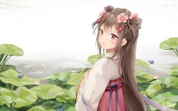 Rule 34 | 1girl, absurdres, animal, arknights, bad id, bad pixiv id, blush, brown hair, bug, butterfly, chinese clothes, commentary request, double bun, eyjafjalla (arknights), flower, from behind, hair between eyes, hair bun, hair flower, hair ornament, hanfu, haruka poi, highres, insect, looking at viewer, looking back, parted lips, pink flower, red eyes, solo, water