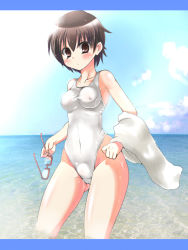 Rule 34 | 00s, 1girl, armpits, bad id, bad pixiv id, bare shoulders, breasts, brown eyes, brown hair, cameltoe, covered erect nipples, female focus, glasses, highleg, highleg swimsuit, hip focus, k-on!, manabe nodoka, one-piece swimsuit, outdoors, paopao, short hair, sky, solo, swimsuit, towel, wading, water, wet, wide hips