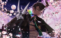 Rule 34 | 1boy, abs, absurdres, aragami oga, black gloves, black hair, cherry blossoms, dark-skinned male, dark skin, earrings, falling petals, full moon, gloves, green eyes, half gloves, highres, holostars, horns, jacket, jewelry, looking at viewer, low ponytail, mask over one eye, moon, muscular, muscular male, necktie, night, night sky, omaesan (aragami oga), open clothes, open jacket, partially fingerless gloves, pectorals, petals, ring, sasago335, single horn, sky, slit pupils, smile, standing, star (sky), starry sky, tongue, tongue out, tree, upper body, virtual youtuber