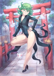 Rule 34 | 1girl, 2023, bare legs, black dress, black footwear, breasts, chinese zodiac, cloud, cloudy sky, collarbone, collared dress, covered navel, curly hair, curvy, day, dress, female focus, full body, green eyes, green hair, hair between eyes, hand on own hip, hand on own thigh, high heels, highres, long sleeves, looking at viewer, matching hair/eyes, medium breasts, mogudan, one-punch man, outdoors, pelvic curtain, rabbit, short hair, side slit, sky, smile, solo, standing, standing on one leg, tatsumaki, thighs, tiptoes, tree, wide hips, year of the rabbit