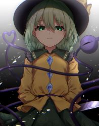 Rule 34 | 1girl, absurdres, arm behind back, black hat, closed mouth, collared shirt, eyeball, eyebrows, frilled shirt, frills, glass, gradient background, green eyes, green hair, green skirt, hair between eyes, hat, headwear request, heart, heart of string, highres, holding, holding behind back, holding knife, holding weapon, knife, komeiji koishi, light particles, looking at viewer, mary-san, mozuno (mozya 7), shattered, shirt, short hair, simple background, skirt, smile, solo, string, third eye, touhou, upper body, weapon, yellow shirt