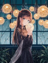 Rule 34 | 1girl, black dress, blue eyes, brown hair, commentary, dress, english commentary, from side, highres, hiten (hitenkei), long hair, long sleeves, looking at viewer, looking to the side, original, solo, tagme