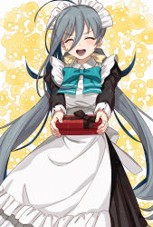 Rule 34 | 1girl, absurdres, ahoge, alternate costume, apron, black dress, blue bow, blue bowtie, bow, bowtie, closed eyes, commission, cowboy shot, dress, enmaided, facing viewer, frilled apron, frills, gift, hair between eyes, highres, kanmiya shinobu, kantai collection, kiyoshimo (kancolle), low twintails, maid, maid headdress, multicolored hair, skeb commission, solo, twintails, white apron