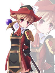 Rule 34 | 00s, 1girl, arms behind back, blush, breasts, brown hair, female focus, final fantasy, final fantasy xi, gloves, hat, hume, masaki (machisora), purple eyes, red mage (final fantasy), rod, short hair, small breasts, smile, solo, staff, thighhighs, zoom layer