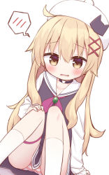 Rule 34 | 1girl, ayanepuna, beret, black choker, black dress, blonde hair, blush, brown eyes, choker, collarbone, commentary, dress, dutch angle, feet out of frame, hair between eyes, hair ornament, hand on own knee, hat, heart, highres, knees together feet apart, knees up, little witch nobeta, long sleeves, looking at viewer, nobeta, panties, parted lips, puffy long sleeves, puffy sleeves, sailor collar, sailor dress, shadow, simple background, sitting, socks, solo, spoken blush, striped clothes, striped panties, underwear, wavy mouth, white background, white hat, white sailor collar, white socks, x hair ornament
