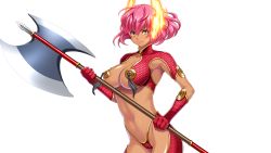 Rule 34 | 1girl, 3ping lovers! ippu nisai no sekai e youkoso, breasts, character request, cleavage, fire, game cg, gloves, hadashi shoujo, hinasaki you, ino (magloid), large breasts, legs, looking at viewer, navel, pink hair, sakagami umi, short hair, smile, solo, standing, thighs, transparent background, weapon, yellow eyes