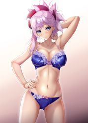 Rule 34 | 1girl, arm behind head, arm up, armpits, asymmetrical hair, bare shoulders, blue bra, blue eyes, blue panties, blush, bra, breasts, cleavage, closed mouth, collarbone, fate/grand order, fate (series), fukuda shuushi, hair ornament, highres, lace, lace-trimmed bra, lace trim, large breasts, long hair, looking at viewer, miyamoto musashi (fate), navel, panties, pink hair, ponytail, skindentation, smile, solo, swept bangs, thighs, underwear
