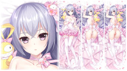 Rule 34 | 1girl, anus, arm strap, ass, ass cutout, backless outfit, bag, bare arms, bed sheet, breasts, bronya zaychik, butt crack, cameltoe, character request, choker, closed mouth, clothing cutout, collarbone, dakimakura (medium), flower, from above, grey eyes, grey hair, hair between eyes, hair flower, hair ornament, heart cutout, highres, layered skirt, long hair, looking at viewer, lying, miniskirt, nipples, on back, on stomach, panties, pink flower, pink ribbon, pink skirt, pussy, ribbon, ribbon choker, shoulder blades, skirt, skirt hold, small breasts, solo, split screen, strapless, summer-d (dodojune), thighhighs, underwear, very long hair, white panties, white thighhighs, zettai ryouiki