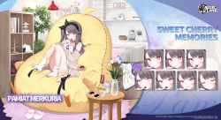 Rule 34 | 1girl, azur lane, bean bag chair, black hair, black hairband, brown cardigan, cardigan, cellphone, character name, cherry, chopsticks, closed eyes, commentary, controller, copyright name, eating, english commentary, expressions, flower, food, fruit, game console, game controller, hairband, highres, instant ramen, light blush, long hair, looking at viewer, meowfficer (azur lane), nissin cup noodle, official alternate costume, official art, one side up, open cardigan, open clothes, open mouth, pamiat merkuria (azur lane), pamiat merkuria (sweet cherry memories) (azur lane), phone, promotional art, purple eyes, sitting, smartphone, smile, socks, solo, vase, white socks