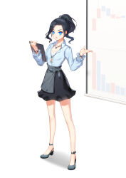 Rule 34 | 1girl, alternate hair color, anklet, bar graph, bare legs, black hair, black skirt, blue bow, blue eyes, blue shirt, bow, bracelet, breasts, business casual, clipboard, closers, collared shirt, dress shirt, frilled sleeves, frills, full body, graph (object), grey footwear, grey ribbon, hair ribbon, hands up, high heels, highres, holding, holding clipboard, id card, jewelry, lanyard, long sleeves, lower teeth only, medium hair, miniskirt, office lady, official art, open hand, open mouth, partially unbuttoned, pendant, ponytail, projector screen, ribbon, seulbi lee, shadow, shirt, shirt tucked in, shirt under shirt, skirt, sleeve bow, small breasts, solo, standing, teeth, v-shaped eyebrows, white background, white undershirt