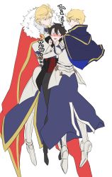 Rule 34 | 3boys, aka no jo, armor, arthur pendragon (fate), artoria pendragon (fate), artoria pendragon (lancer) (fate), bad id, bad pixiv id, black hair, blonde hair, blue eyes, blush, boy sandwich, cape, cloak, dual persona, earrings, fate/grand order, fate (series), fujimaru ritsuka (male), fujimaru ritsuka (male) (mage&#039;s association uniform), greaves, green eyes, highres, hood, hooded cloak, hug, jewelry, looking at another, male focus, multiple boys, official alternate costume, ponytail, sandwiched, simple background, smile, sweatdrop, white background