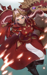 Rule 34 | 1girl, absurdres, armor, axe, aymr (fire emblem), blue eyes, blush, breasts, buttons, cape, commentary request, cosplay, double-breasted, dress, edelgard von hresvelg, edelgard von hresvelg (cosplay), fake horns, fire emblem, fire emblem: three houses, gloves, hair bun, hair ornament, highres, holding, holding axe, holding shield, holding weapon, horned headwear, horns, large breasts, long hair, long sleeves, looking at viewer, love live!, love live! nijigasaki high school idol club, medium breasts, mole, mole under eye, nintendo, pink hair, popupi 12, red cape, shield, sidelocks, smile, solo, swept bangs, two side up, vambraces, weapon, zhong lanzhu