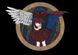 Rule 34 | 1girl, absurdres, angel wings, bad id, bad pixiv id, black background, black shirt, blood, blood drip, bow, cape, disembodied head, expressionless, hair bow, headless, highres, holding head, knees, long sleeves, looking at viewer, night, pleated skirt, red eyes, red hair, red skirt, sekibanki, shirt, simple background, single wing, skirt, solo, toluda, touhou, willow, wings