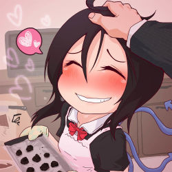 Rule 34 | 1girl, apron, arikui (ooooalikui), asymmetrical wings, black hair, blouse, blush, collared shirt, dress, closed eyes, flustered, gloves, hand on another&#039;s head, head pat, headpat, heart, houjuu nue, kitchen, knife, looking at viewer, nose blush, red eyes, ribbon, shirt, short hair, short sleeves, smile, smiley face, solo focus, spoken heart, symbol-shaped pupils, tears, touhou, wavy mouth, white shirt, wings, zyayu