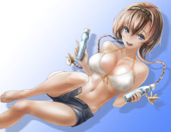 Rule 34 | 1girl, :d, alternate costume, bare shoulders, barefoot, bikini, blue eyes, blush, bottle, braid, breasts, cleavage, clothes writing, collarbone, denim, denim shorts, front-tie bikini top, front-tie top, gradient background, hair ornament, hairband, headband, highres, holding, holding bottle, kantai collection, knees up, kokuzou, light brown hair, long hair, looking at viewer, lying, medium breasts, navel, open clothes, open mouth, open shorts, propeller hair ornament, ramune, short shorts, shorts, sidelocks, simple background, smile, solo, stomach, swimsuit, teruzuki (kancolle), thighs, twin braids, white bikini
