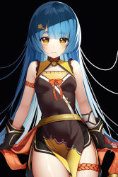 Rule 34 | 1girl, alternate hairstyle, bare shoulders, black background, black gloves, black skirt, blue hair, breasts, brown dress, brown eyes, closed mouth, covered navel, dress, fingerless gloves, genshin impact, gloves, hair down, hair ornament, hairclip, highres, long hair, looking at viewer, pelvic curtain, short eyebrows, simple background, skirt, sleeveless, sleeveless dress, small breasts, solo, the cold, thick eyebrows, very long hair, xiangling (genshin impact)
