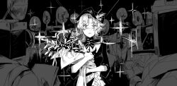 Rule 34 | 1girl, 6+others, asymmetrical hair, black background, blush, bouquet, camera, camera flash, crowd, crying, crying with eyes open, dress, druvis iii, flower, greyscale, gyeol 124, hat, highres, holding, holding bouquet, holding notepad, looking at viewer, medium hair, monochrome, multiple others, notepad, object head, parted lips, reverse:1999, sparkle, tears, upper body