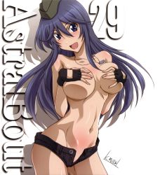 Rule 34 | 10s, 1girl, absurdres, blue eyes, blue hair, blush, breasts, cleavage, cover, cover page, covering privates, covering breasts, dog tags, garrison cap, hands on own chest, hat, highres, kyoudou maya, large breasts, long hair, matching hair/eyes, mutou keiji, navel, no bra, sabagebu!, short shorts, shorts, smile, solo, topless, underboob