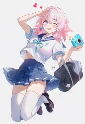 Rule 34 | 1girl, absurdres, ai-assisted, amiki yuzuru, aqua ribbon, artist name, bag, black footwear, blue eyes, blue sailor collar, blue skirt, blush, breasts, camera, commentary request, earrings, female focus, full body, hands up, heart, highres, holding, holding camera, honkai: star rail, honkai (series), jewelry, loafers, march 7th (honkai: star rail), medium breasts, medium hair, midriff peek, one eye closed, open mouth, partial commentary, pink eyes, pink hair, pleated skirt, ribbon, sailor collar, salute, school bag, school uniform, serafuku, shirt, shoes, short sleeves, single earring, skindentation, skirt, smile, solo, thighhighs, two-tone eyes, white shirt, white thighhighs