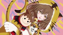 Rule 34 | 1girl, abstract background, animal hands, animal hood, bakumatsu shishi channel, bell, blush, brown eyes, brown hair, cat tail, character doll, closed mouth, collar, commentary request, doll, dutch angle, gloves, half-closed eyes, highres, holding, holding doll, hood, jingle bell, looking at viewer, medium hair, mike (bakumatsu shishi channel), multicolored background, neck bell, onomari546, outline, paw gloves, pink background, purple background, red collar, sakamoto ryouma (bakumatsu shishi channel), sideways, smile, solo, stuffed animal, stuffed cat, stuffed toy, tail, tiger hood, tongue, tongue out, upper body, white outline, yellow background