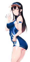 1girl, armband, artist name, ass, bad id, bad pixiv id, bangs, bare shoulders, black hair, blue dress, blue eyes, blush, breasts, commentary request, dress, hair between eyes, heart, highres, hip focus, large breasts, long hair, looking at viewer, original, parted lips, pocari sweat (artist), simple background, smile, solo, thighs, visor cap, waving, white background