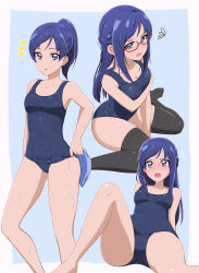 Rule 34 | 1girl, absurdres, acchi (koiyimknp), adjusting clothes, adjusting swimsuit, alternate hairstyle, between legs, black thighhighs, blue background, blue eyes, blue hair, blue one-piece swimsuit, blush, braid, breasts, cleavage, collarbone, covered navel, crown braid, dokidoki! precure, embarrassed, half updo, hand between legs, high ponytail, highres, hishikawa rikka, holding, leaning back, long hair, looking at viewer, medium breasts, one-piece swimsuit, open mouth, precure, school swimsuit, shiny skin, sitting, swept bangs, swimsuit, thighhighs, two-tone background, variations, very long hair, wariza, white background