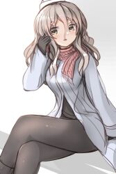 Rule 34 | 1girl, black pantyhose, brown eyes, coat, crossed legs, feet out of frame, grey hair, hair between eyes, hat, highres, kantai collection, mini hat, official alternate costume, pantyhose, pola (kancolle), redundant-cat, sitting, solo, thick eyebrows, tilted headwear, wavy hair, white coat